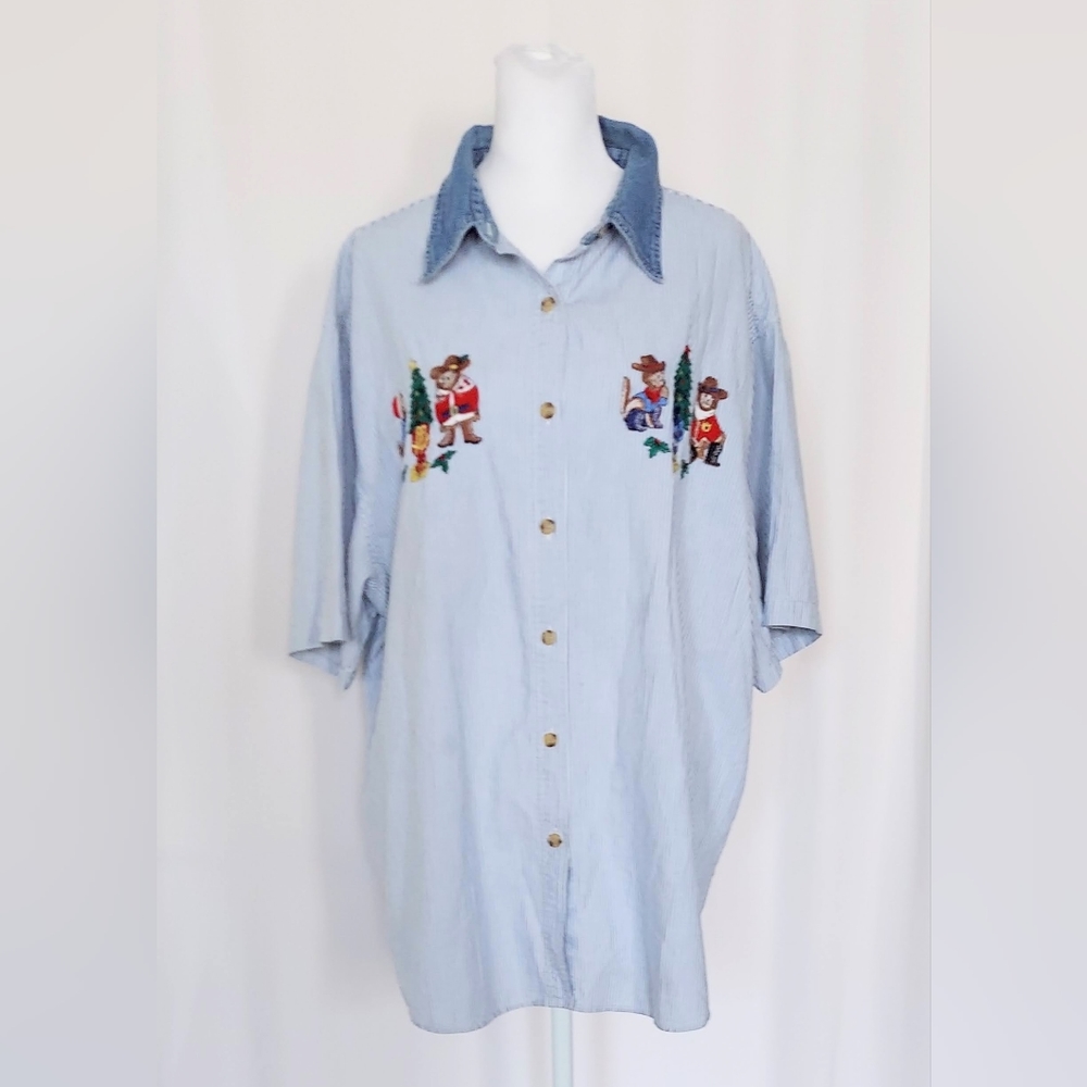 Nutcracker Short Sleeve Pin Stripe Holiday Cat Button Up Top Shirt Size 22W